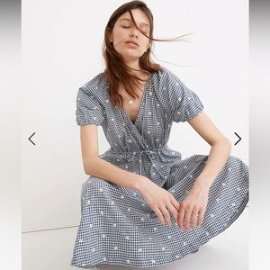 Madewell Embroidered Gingham Faux-Wrap Tie-Waist Midi Dress